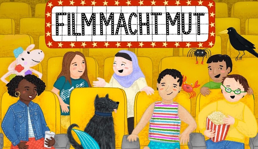 Illustration Film Macht Mut Kinder und Tiere sitzen in zwei Reihen gelber Kinosessel