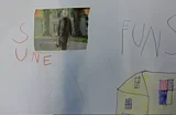 Ein Plakat mit dem Titel "Sune", einem Bild aus dem Film und einem gezeichneten gelben Haus