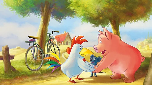 Szenenbild: Das Schwein, die Maus und der Hahn auf einem Waldweg