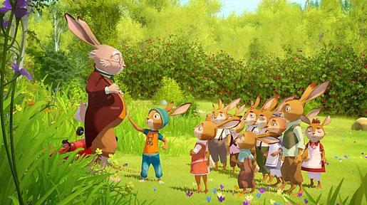 Szenenbild des Animationsfilm: Lehrer Eitelfritz vor seiner Osterhasenklasse