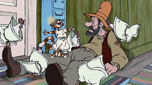Szenenbild: Petterson am Boden mit vielen Kissen