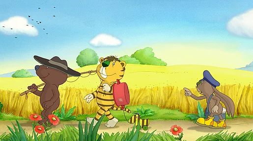 Szenenbild: Der kleine Bär, der Kleine Tiger, der kleine Hase und die Tigerente auf einem Feldweg