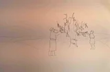 Zeichnung eines Baumes mit zwei Figuren, die etwas daran binden