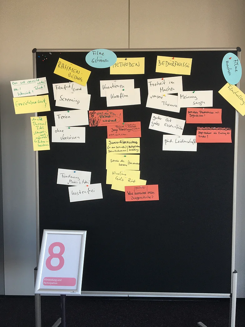 Pinwand mit bunten Zetteln, ist mit Nummer 8 gekennzeichnet