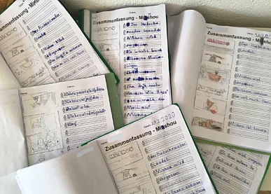 Ausgef&uuml;llte Arbeitsbl&auml;tter mit dem Titel "Zusammenfassung - Mishou"