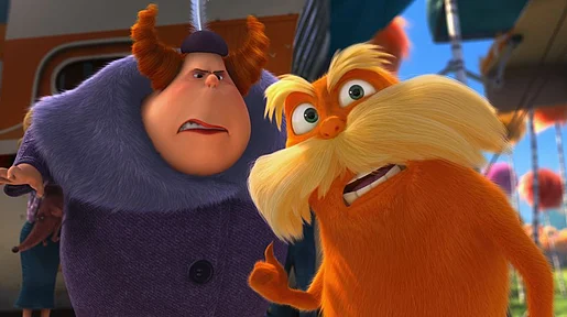 Szenenbild: Lorax und eine Dame mit merkwürdiger Frisur