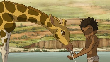 Szenenbild: Maki gibt der Giraffe lachend Wasser