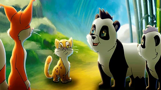 Szenenbild: Pandas, Fuchs und Katze sitzen sich gegenüber