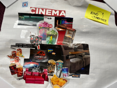 Arbeitsergebnisse Workshop Kino-Takeover 2 Collage aus Snacks, Kinosesseln, Getränken und ähnlichen Dingen, die mit Kino assoziiert sind
