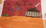 Gemaltes Bild mit dem Titel "Die Adern der Welt", einem "Kraftbaum" und einer Jurte