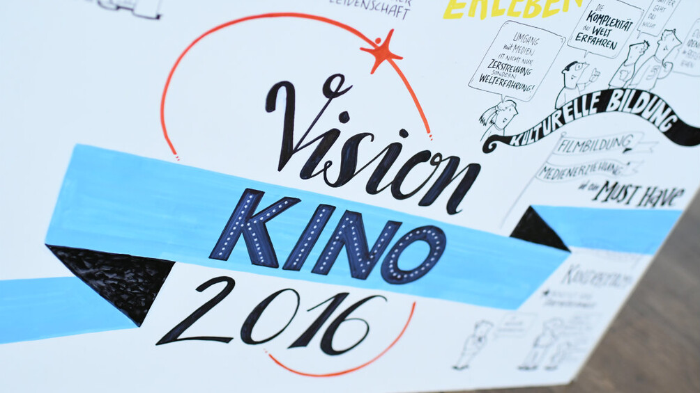 Ausschnitt aus einer Zeichnung des Graphic Recorders, der Schritzug Vision Kino 2016 ist zu lesen