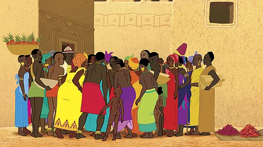 Szenenbild: viele Frauen stehen zusammen in bunten Kleidern (Animationsfilm)
