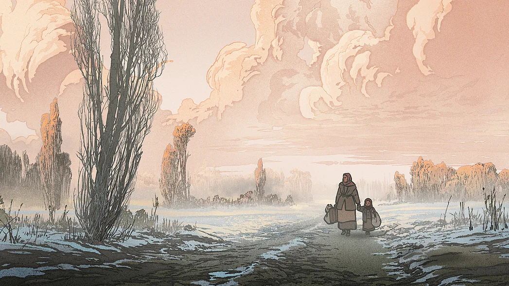 Animationsbild, Frau mit Kind in weiter Landschaft