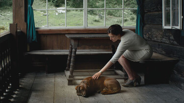 Szenenbild. Die Frau und der Hund auf der Veranda des Hauses