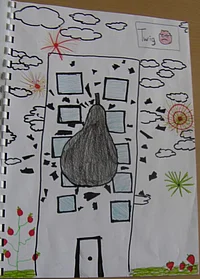 Gemaltes Wimmelbild zum Film "Die unglaubliche Geschichte von der Riesenbirne"