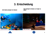 Seite aus der Entscheidungsgeschichte mit Playmobil-Standbildern für zwei unterschiedliche Optionen