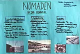 Hellblaues Plakat zum Thema "Nomaden", Bildern und Text zum Thema