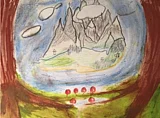 Bild eines Gebirges umrahmt von zwei B&auml;umen