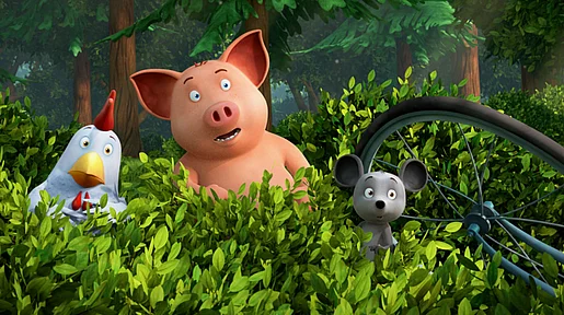 Szenenbild des Animationsfilms: Franz von Hahn, Waldemar und Johnny Mauser hinter einem Gebüsch versteckt