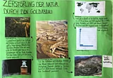 Blaues Plakat mit dem Titel "Zerst&ouml;rung der Natur durch den Goldabbau", Bildern und Texten zum Thema 
