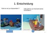 Eine Seite aus der Entscheidungsgeschichte mit Playmobil-Standbildern, die zwei unterschiedliche Optionen darstellen
