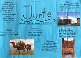 Blaues Plakat mit dem Titel "Jurte", Bildern und Texten zum Thema 