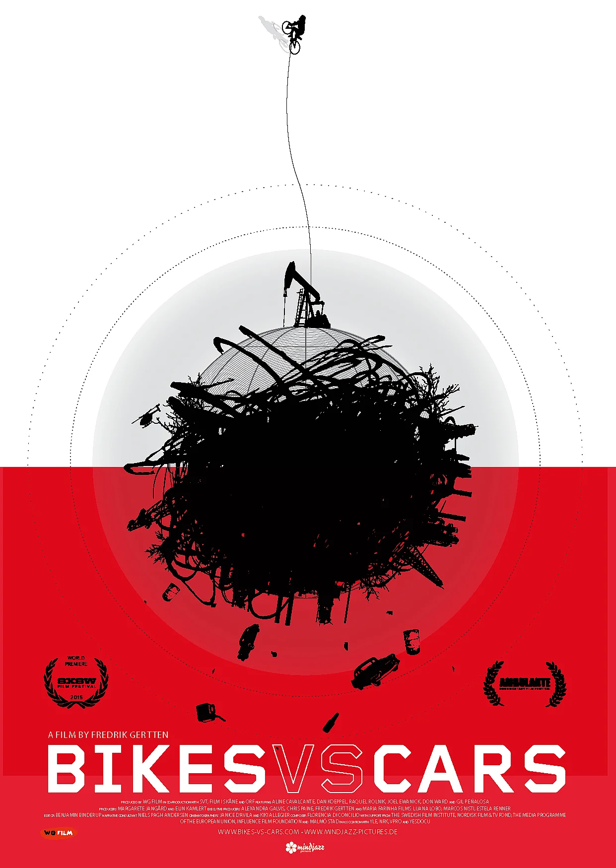 Die obere H&auml;lfte des Plakats ist wei&szlig;, und die untere ist rot. In der Mitte befindet sich ein schwarzes rundliches Konstrukt, von dem kleine Autos runterfallen. Ein kleiner Fahrradfahrer f&auml;hrt davon weg.