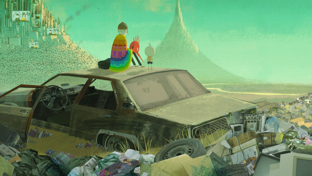 Szenenbild: Der Junge und ein Freund auf einem Autodach sitzend mit Ausblick auf eine Müllhalde
