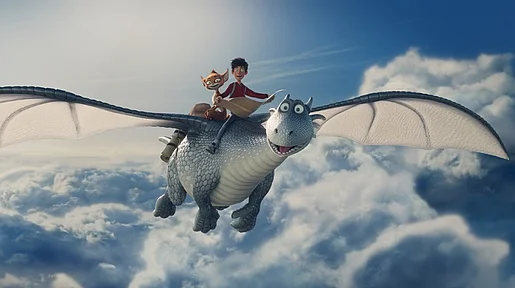 Zwei Personen fliegen auf dem Rücken eines Drachens über den Wolken.